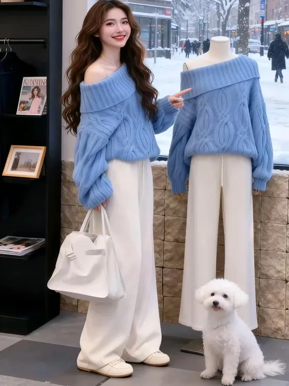 李柯以同款紫蓝色软糯一字肩高领毛衣2025秋冬新款马海毛甜美慵懒