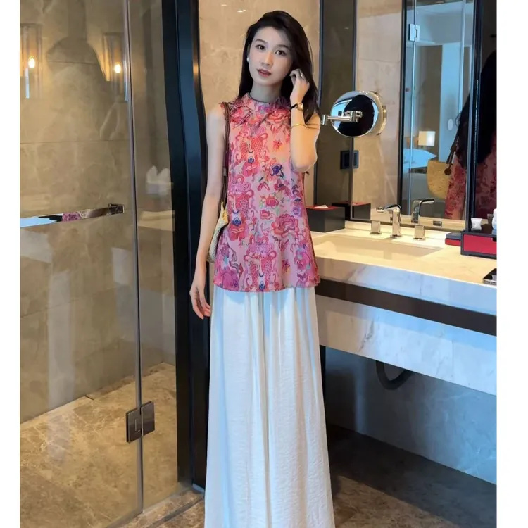 提花无袖中长款上衣阔腿裤显瘦遮肉2025夏季新中式清凉感两件套