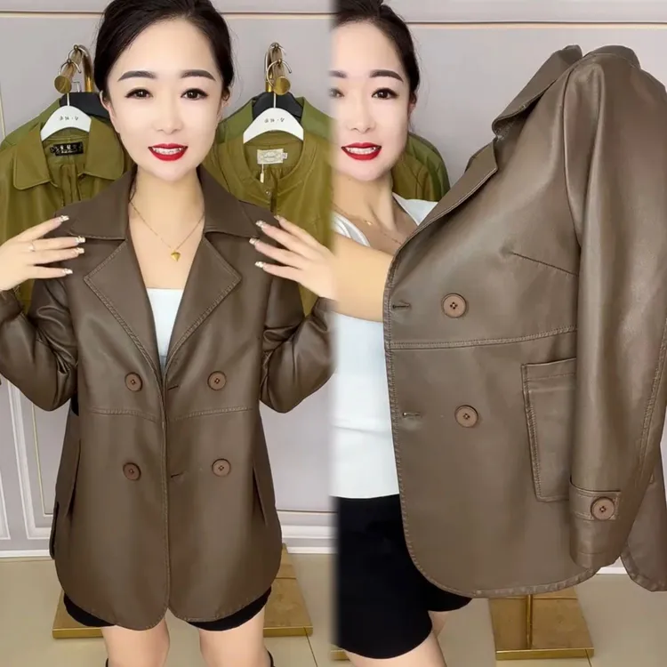 中长款皮衣女时尚宽松2025春秋季新款气质显瘦西装领韩版皮风衣潮
