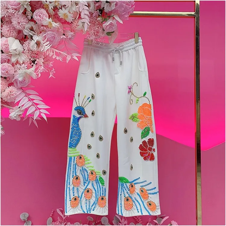 A3132欧美设计师2025秋季新款重工刺绣亮片孔雀阔腿镰刀休闲裤女