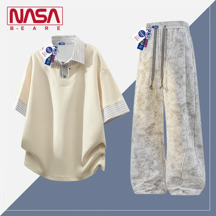 NASA联名假两件条纹翻领短袖POLO衫套装男夏季薄款短袖长裤两件套