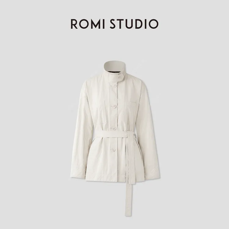 ROMI STUDIO“老钱气场”棉麻混纺纵横肌理立领风衣外套 RWCAWG4593