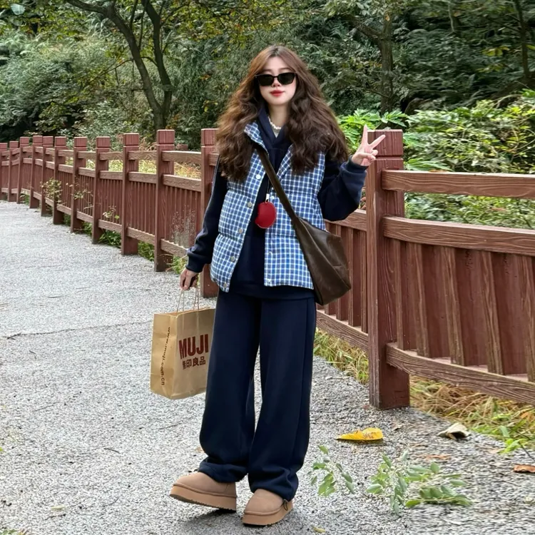迪卡侬贵宾蓝色格子马甲棉服女2025新款冬季棉袄无袖坎肩背心外套