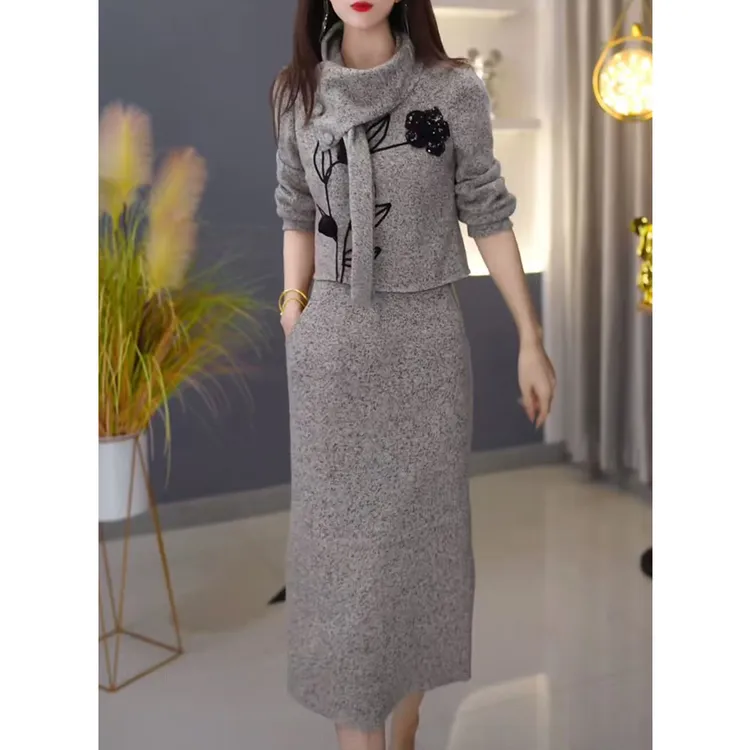 L5801高端洋气长袖三件套连衣裙女2025秋新款上衣半身裙围巾套装