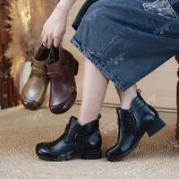 棉谷秋冬马蹄跟靴子厚底真皮复古港风高跟女牛皮瘦瘦靴头层牛皮