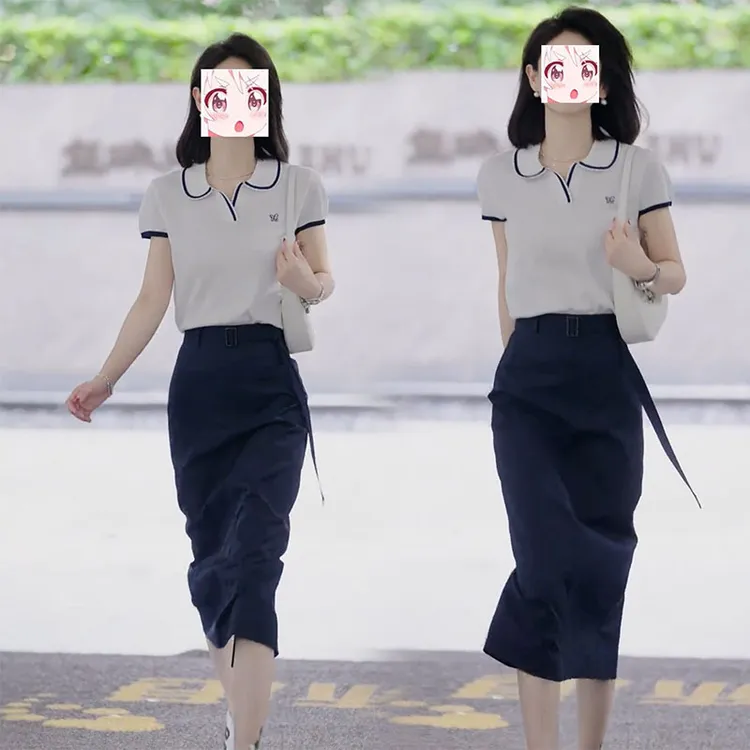 2025年气质夏季撞色翻领显瘦短袖针织衫轻职高腰遮肉包臀半身裙子