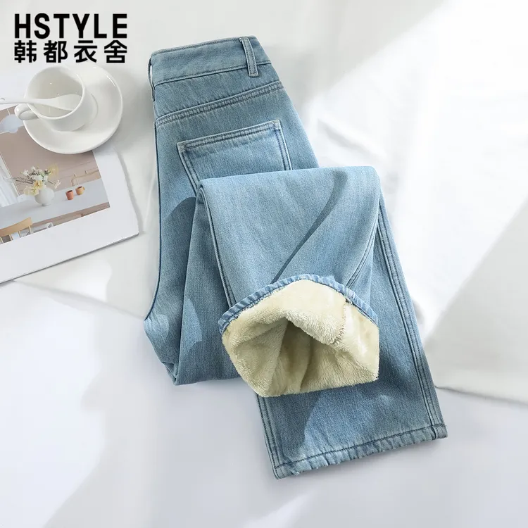韩都衣舍小个子加绒加厚九分直筒牛仔裤女秋冬高腰显瘦窄版阔腿裤