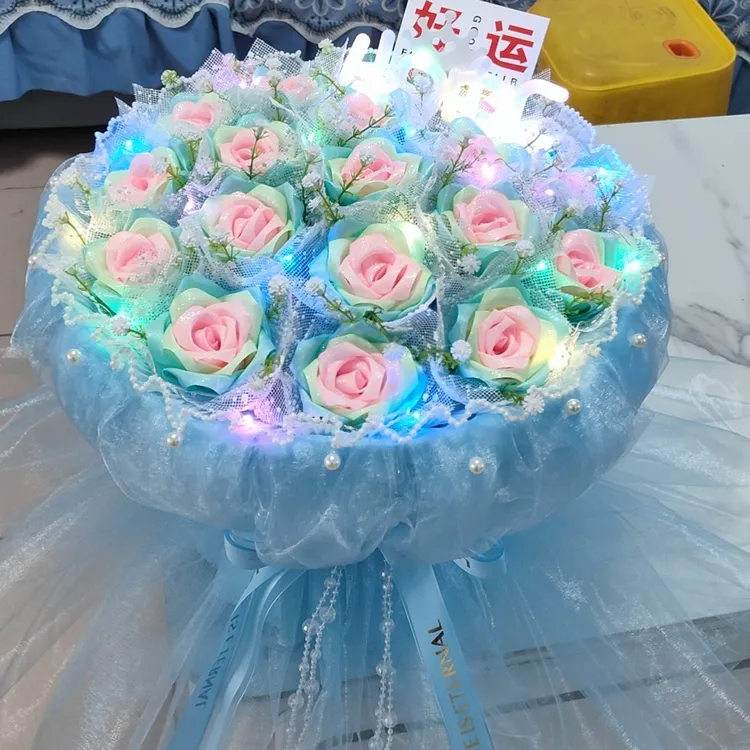 荷塘月色 丝带玫瑰永生花束 七夕节花束 生日礼物 情人节浪漫礼物