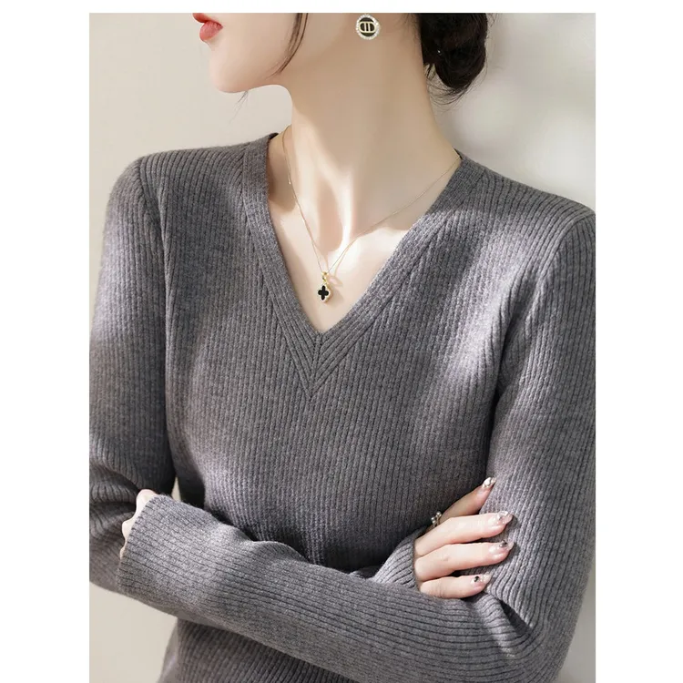 简约款休闲V领针织百搭上衣女装秋冬新款长袖修身气质内搭打底衫
