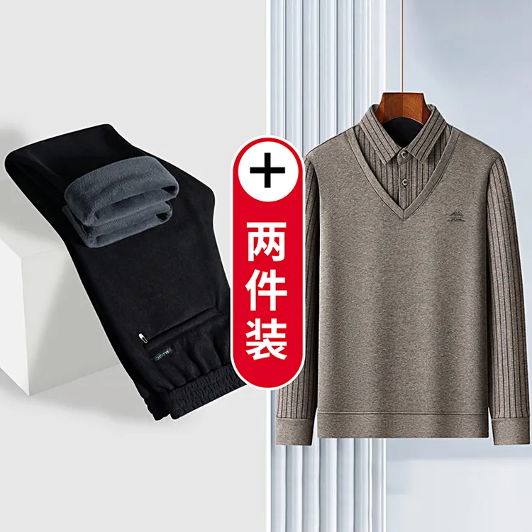 爸爸冬季假两件羊毛针织衫中年男士加绒加厚套装中老年人保暖毛衣