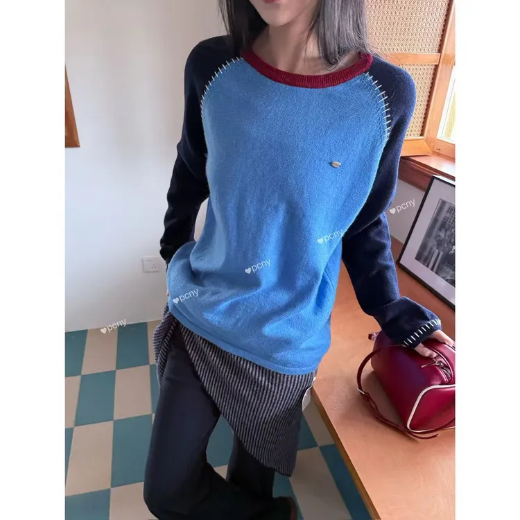 PCNY「蓝岛屿」不理理冬季新款小众女装时尚撞色圆领百搭宽松T恤