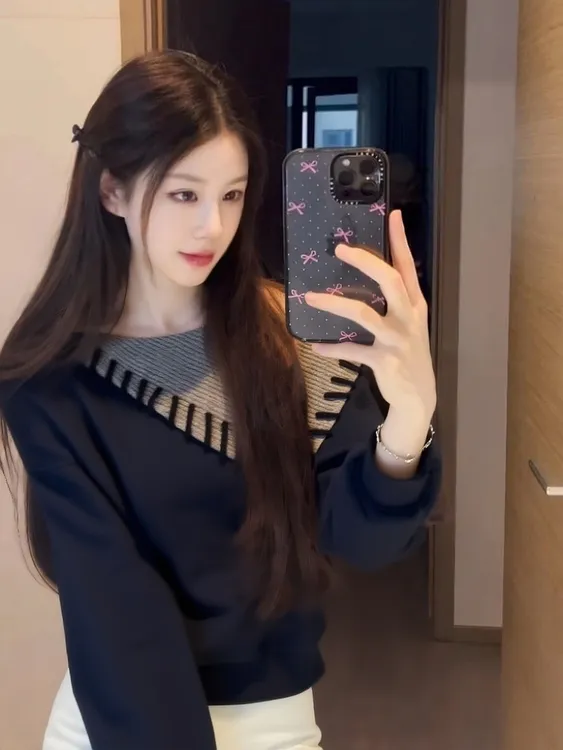 秋冬慵懒风假两件撞色拼接卫衣女高级设计感小众百搭休闲长袖上衣