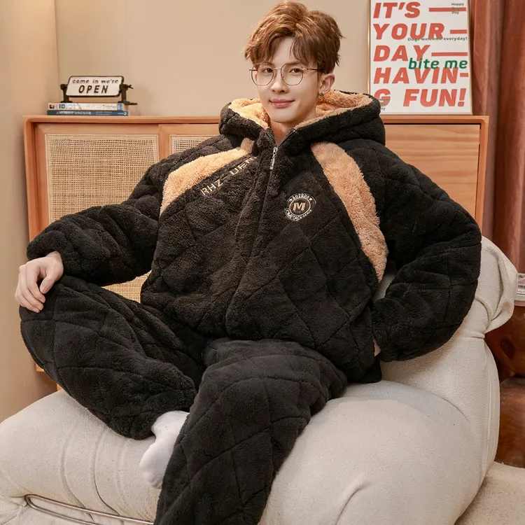 男士睡衣珊瑚绒三层夹棉冬天加厚加绒保暖青少年男款秋冬季家居服