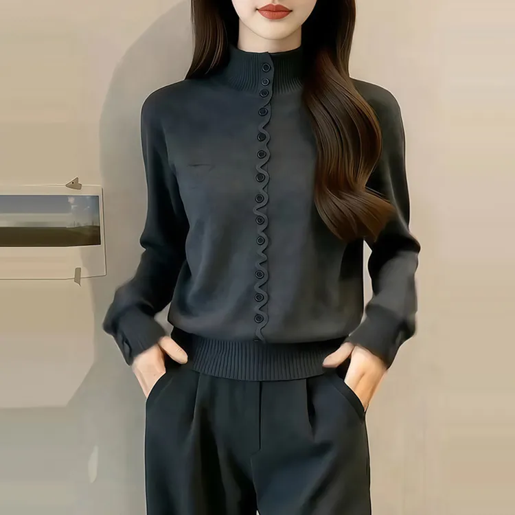 M925韩版时尚半高领提花纽扣针织衫打底衫女2025秋冬宽松针织上衣