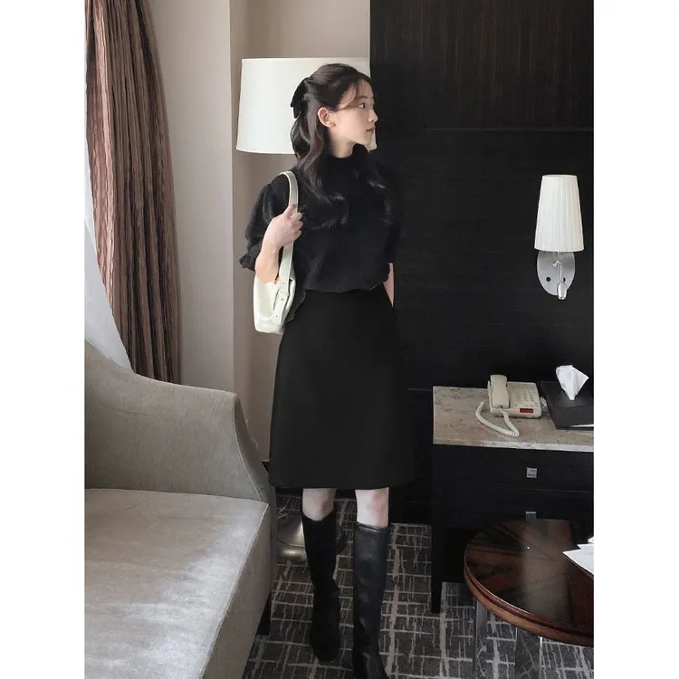 吼吼好看呐！高腰显瘦A字裙秋冬新款遮跨半身裙黑色短裙气质中裙子