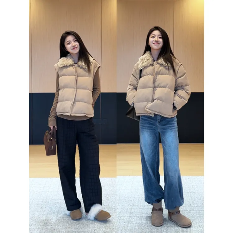 Multi Math袖子可拆卸棉服/时髦氛围感毛领显瘦马甲保暖外套两穿