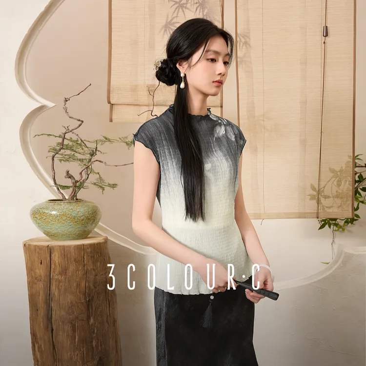 三彩【暮山流云】2025夏季新款新中式小衫印花网纱立领衬衣女C