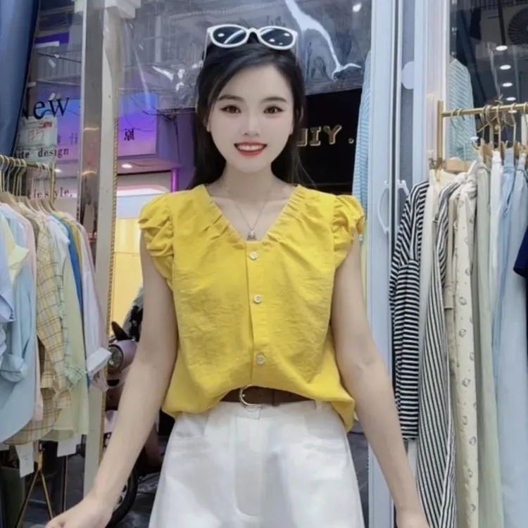 法式V领小飞袖褶皱设计感小众显瘦娃娃衫衬衫上衣洋气气质百搭