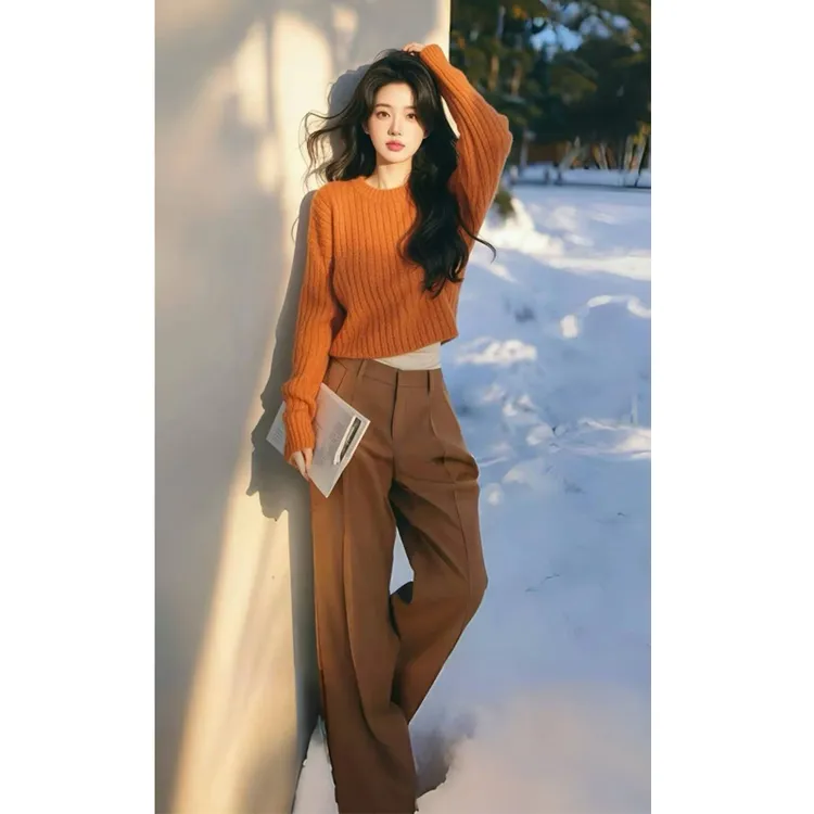 韩系独特漂亮橘色毛衣女2024冬季新款简约百搭气质上衣裤子套装