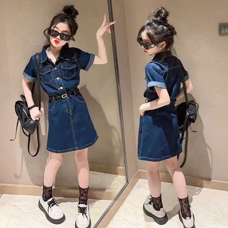 女童连衣裙2025夏季新款中大童韩版洋色时尚短袖纯色