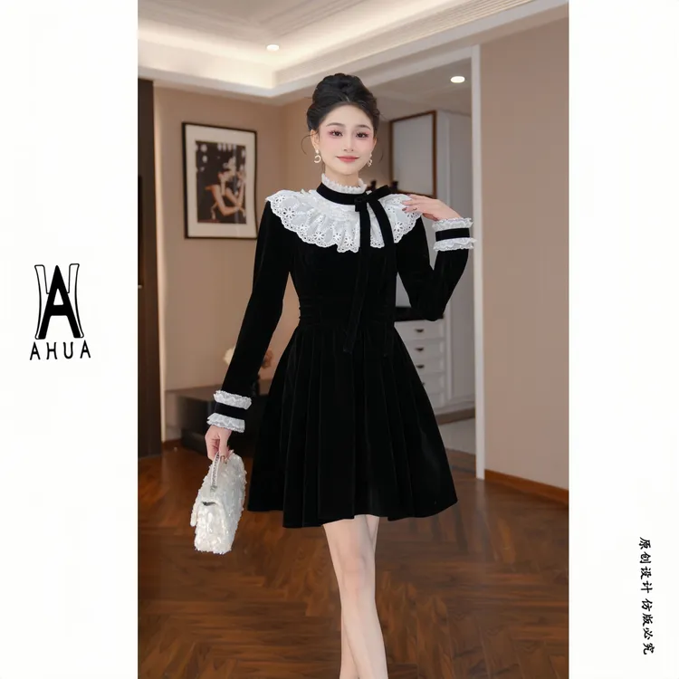 【花花原创】法式复古收腰优雅气质赫本风蕾丝拼接丝绒连衣裙41136