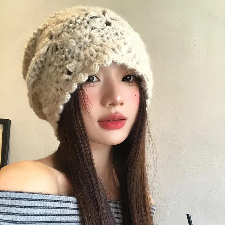 手工钩针花朵镂空针织包头帽女秋冬季保暖百搭显脸小毛线堆堆帽子