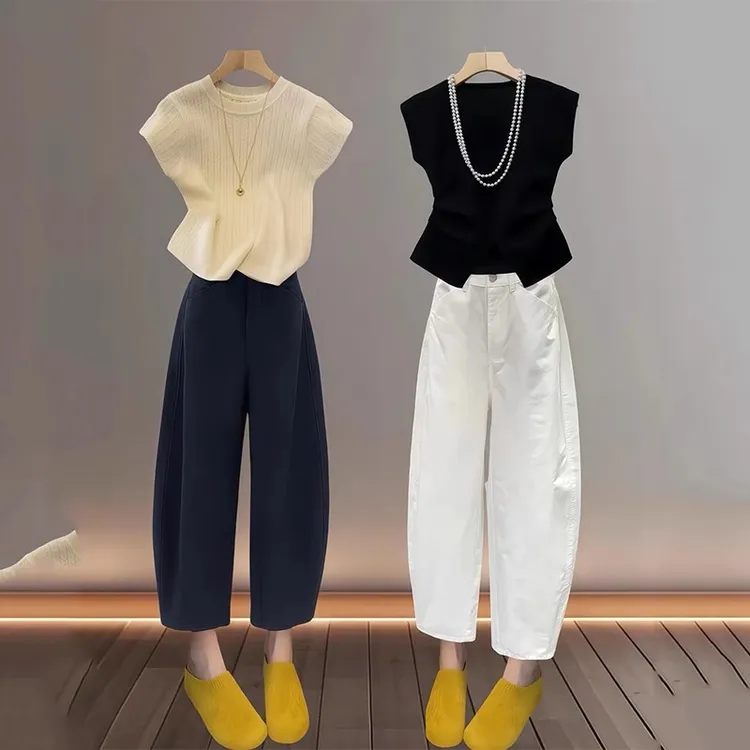 大码弯刀休闲裤女夏季新款梨形身材宽松遮胯显瘦高腰九分阔腿裤