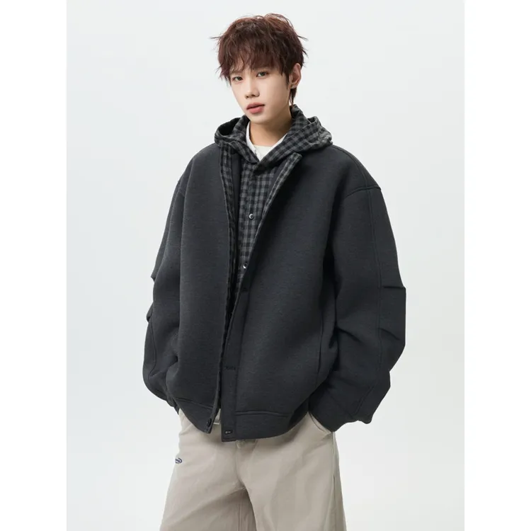 稻草人新款男士棉衣休闲开衫百搭卫衣潮牌秋冬季格子拼接宽松连帽