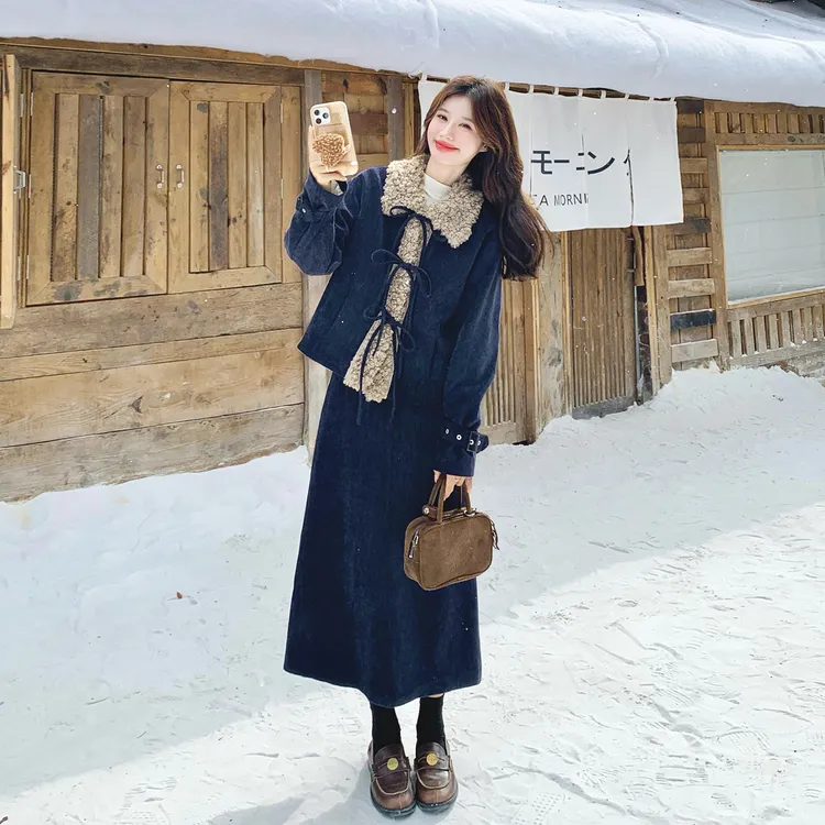 藏青色毛绒拼接套装裙女2025年冬季新款羽绒内胆上衣半身裙两件套