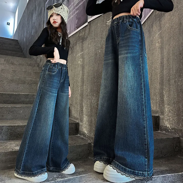 女童裤子春秋款2025新款儿童直筒牛仔裤初中生女孩大童秋装阔腿裤