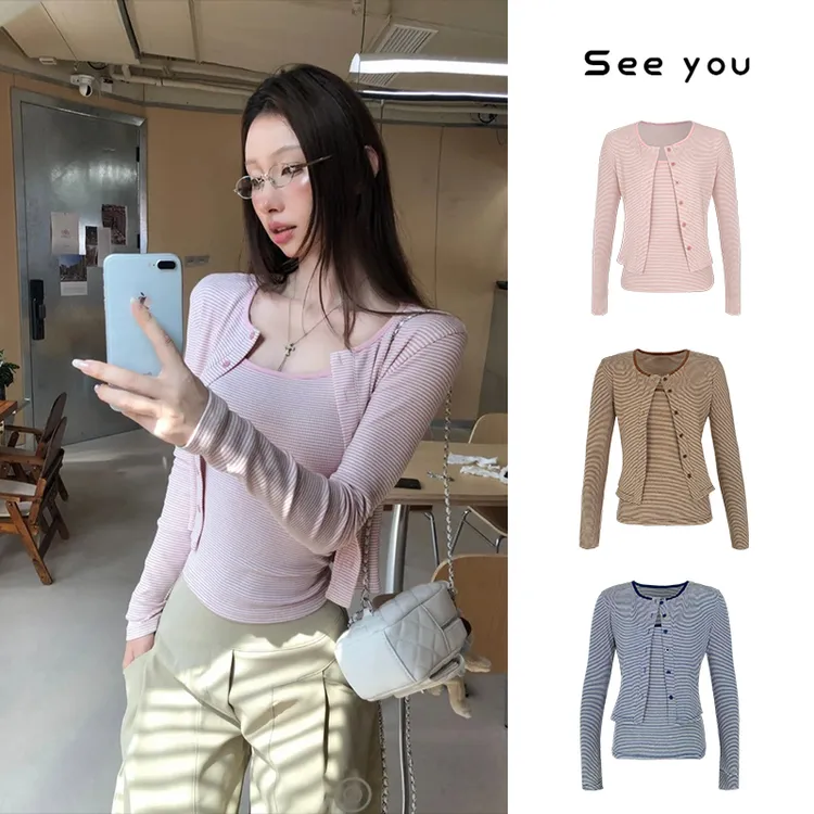 法式条纹休闲吊带+外穿慵懒风外套薄款长袖上衣B3825+B3826