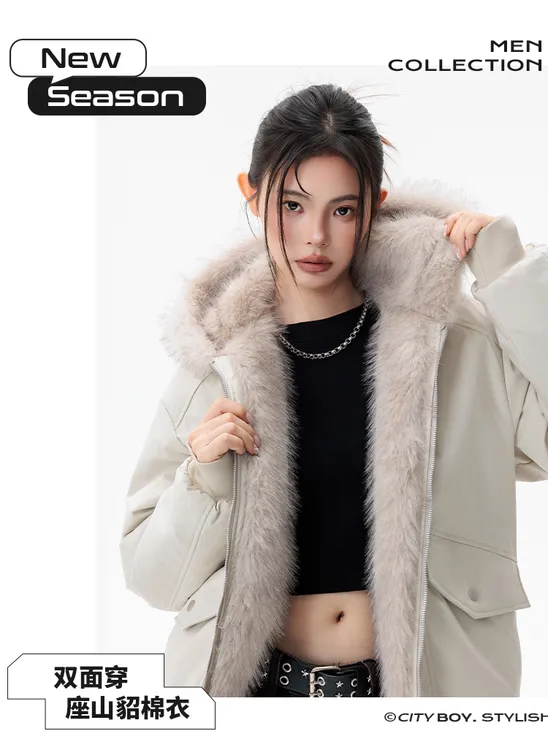 双面穿座山雕棉衣男女同款加厚保暖大衣潮牌仿貂毛连帽外套保暖