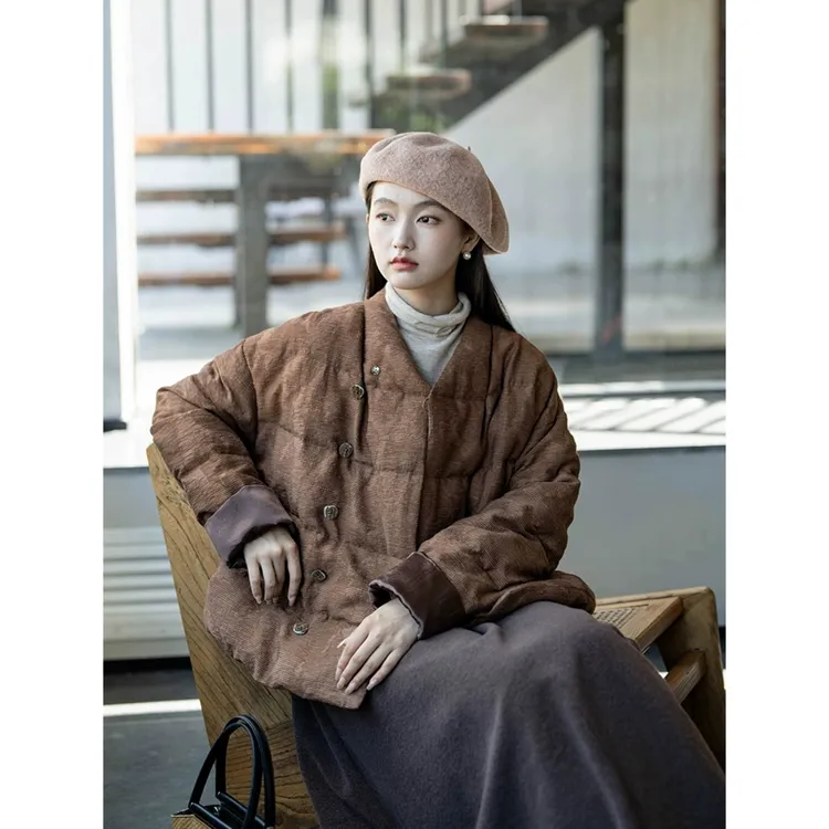 原创桑蚕丝麻复古条纹白鸭服加厚短款斜襟短外套 明日璀璨