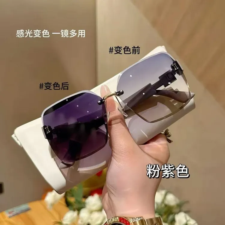 新款变色墨镜无框显瘦防紫外线大圆脸自带妆容滤镜户外眼镜商品图