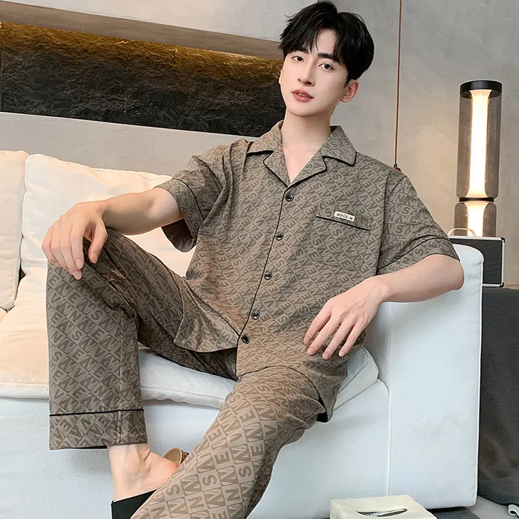 男士睡衣春夏款莱卡棉短袖翻领高级感时尚舒适家居服休闲外穿套装
