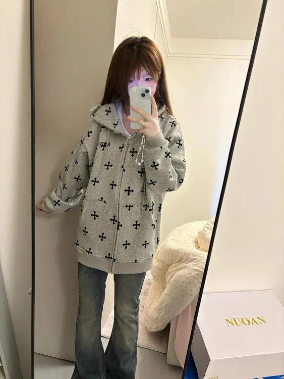 美式设计感百搭连帽卫衣女春秋季宽松显瘦拉链开衫外套甜酷学院风