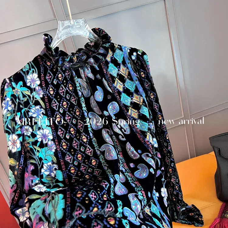 【花窗影】民族风丝绒腰果花立领花边衬衫H6SY03C36181