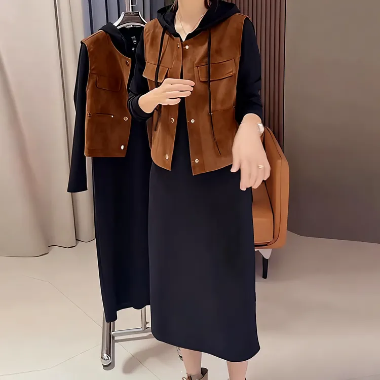 2905秋季新款胖妹妹时尚中长款连帽卫衣裙＋马甲洋气休闲两件套装