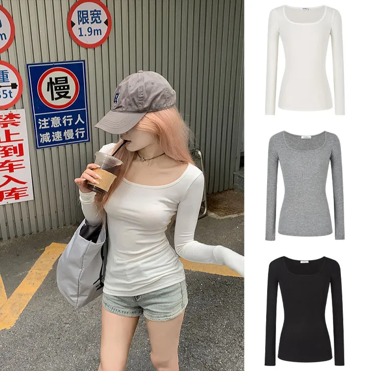 正肩修身U领长袖T恤秋冬显瘦时尚百搭辣妹中长款白色内搭打底上衣