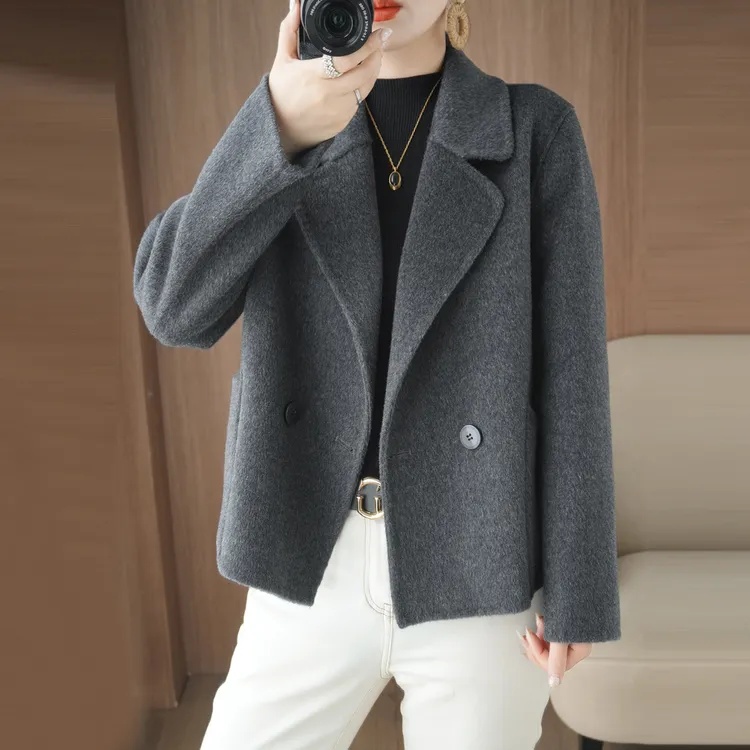 100%羊毛双面呢西装领大衣短款2025秋冬高级感小个子羊绒外套女