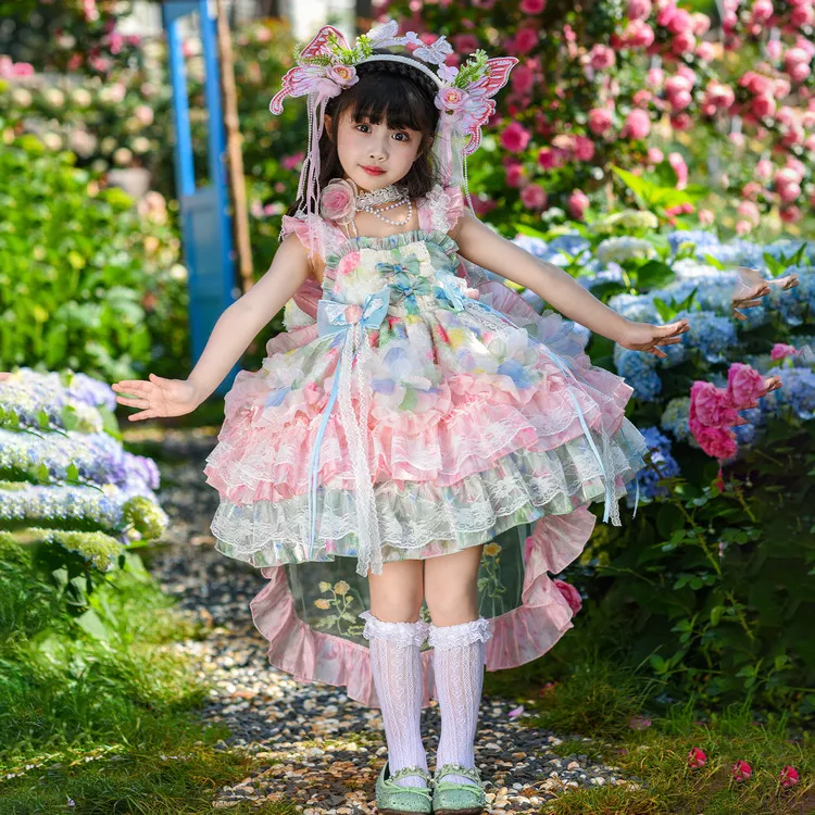 女童洛丽塔公主裙碎花田园风蕾丝蓬蓬裙儿童生日拍照花童裙礼服夏