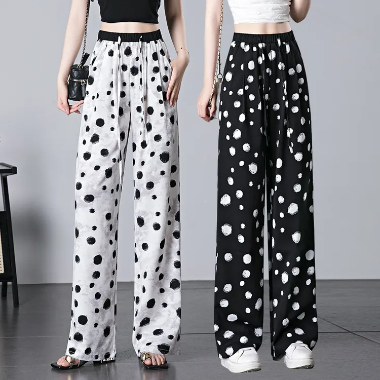 歌哥弟阿玛 波点冰丝阔腿裤女夏季薄款直筒裤高腰大码显瘦休闲裤