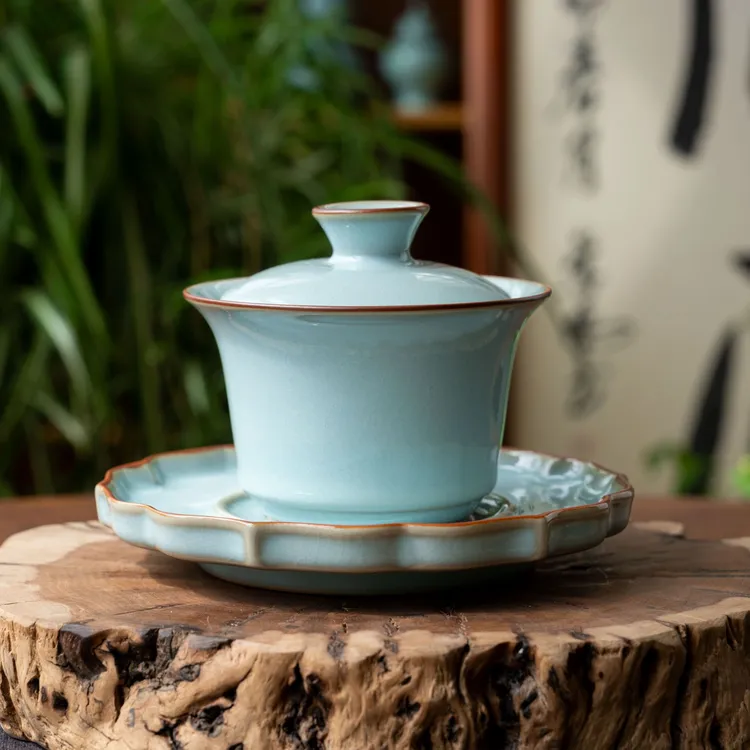 简匠汝窑当代三才盖碗原矿汝瓷马蹄盖碗冰裂纹开片可养盖碗150cc