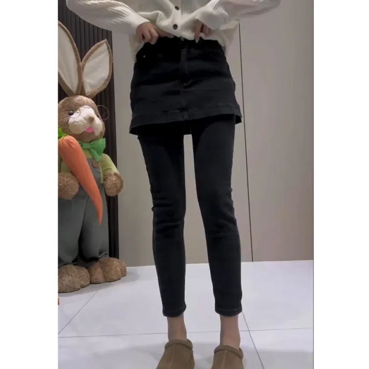 2025年秋冬新款高腰小脚牛仔裤裙女厚绒弹力显瘦小个子九分铅笔裤