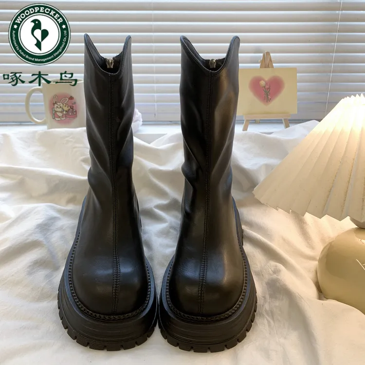 啄木鸟厚底粗跟马丁靴女2025秋季新款百搭短靴复古英伦风单靴机车