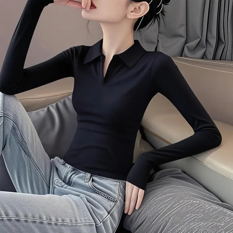 黑色螺纹棉polo领打底衫长袖女士早秋冬爆款修身显瘦正肩翻领上衣