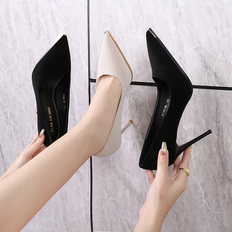 羊皮【9~7公分】2025春秋新款黑色细跟尖头气质百搭爆款浅口高跟鞋