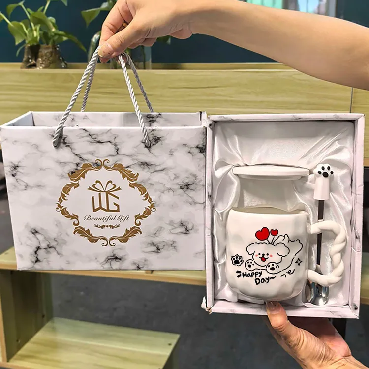 创意fufu线条小狗带盖陶瓷杯高颜值情侣水杯送女生伴手礼生日礼yw