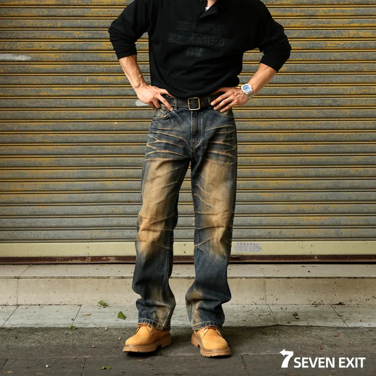 7SEVENEXIT小众设计【磐工】美式重工黄泥水洗复古宽松猫须男牛仔裤