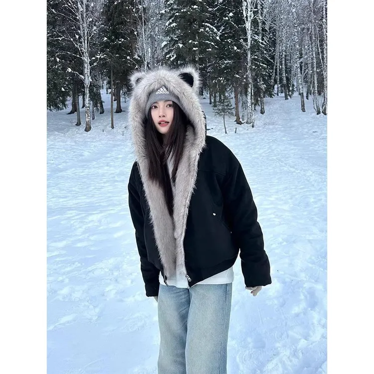 美式座山雕毛领兔耳冬季加厚保暖棉服2025新款男女情侣麂皮绒外套